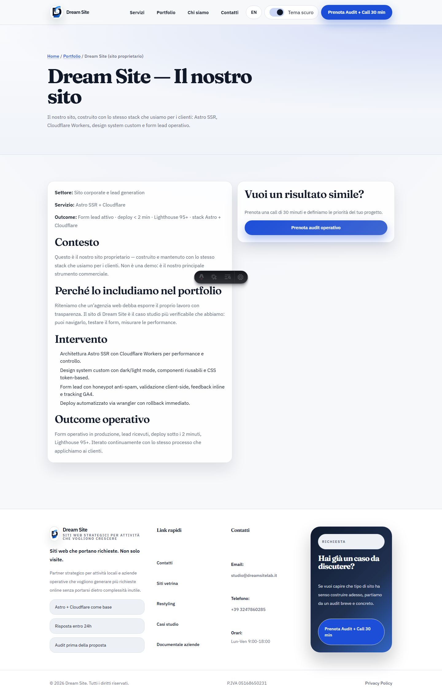 Screenshot della precedente superficie DreamSiteLab usata come prova reale di lavoro